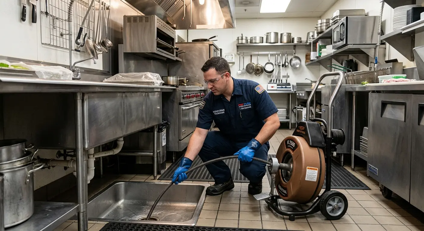 Commercial drain cleaning service in a restaurant kitchen in Marysville