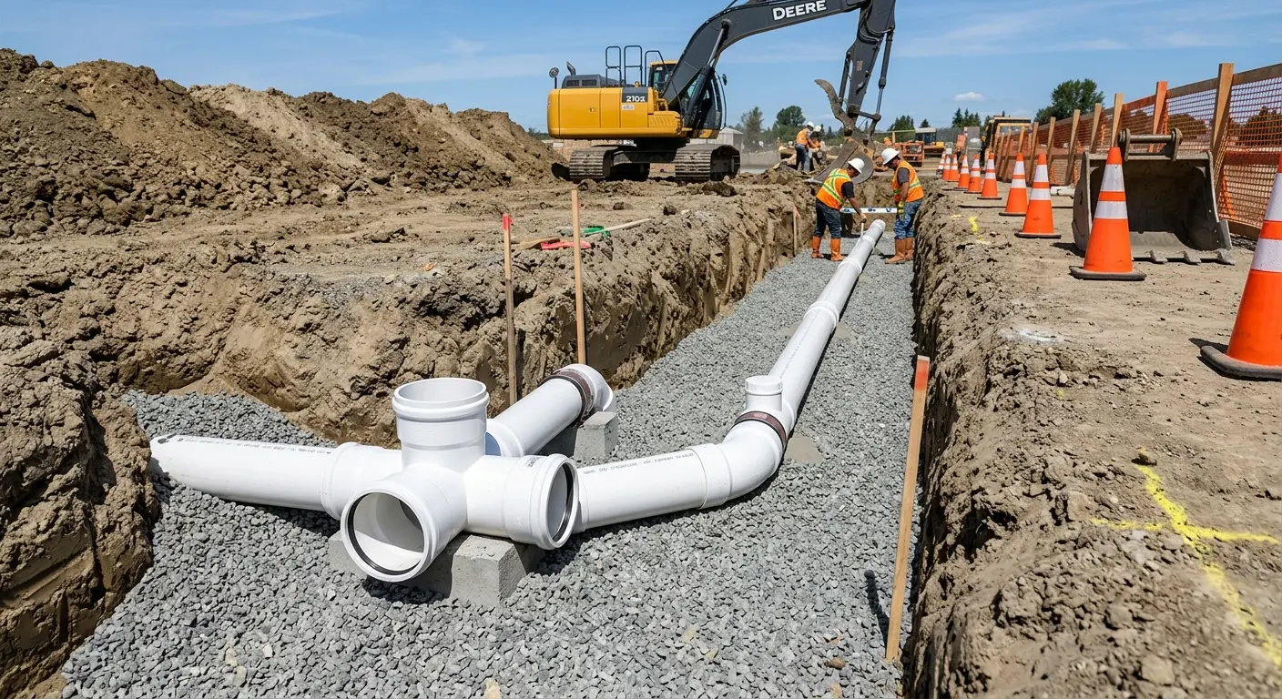 New PVC sewer pipe installation in open trench for Grease Trap Cleaning in Marysville
