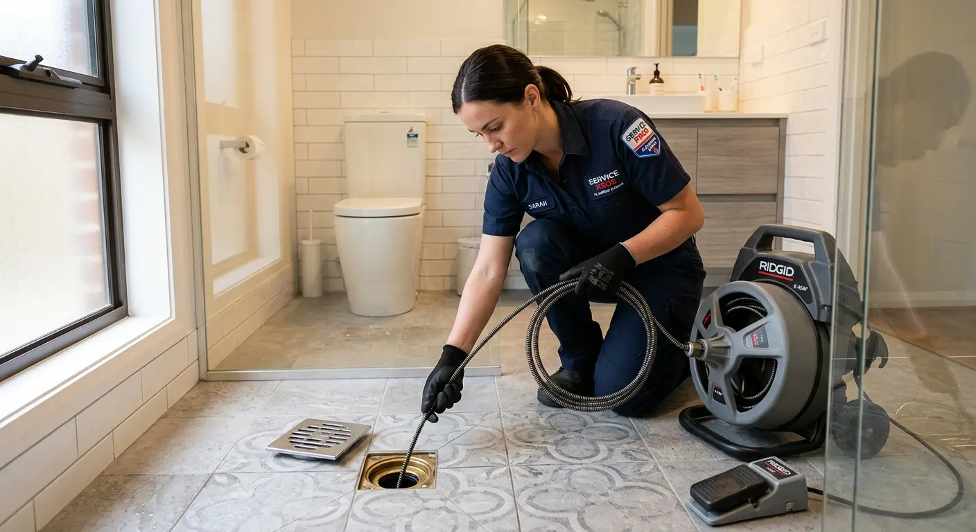 Technician clearing a bathroom floor drain for Sewer Line Replacement in Marysville